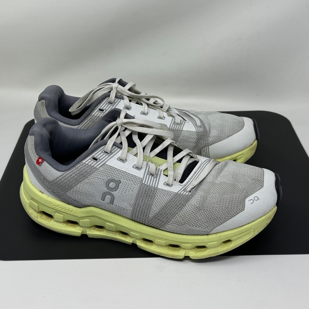 On Cloudgo gray and light lime green running shoes size 9